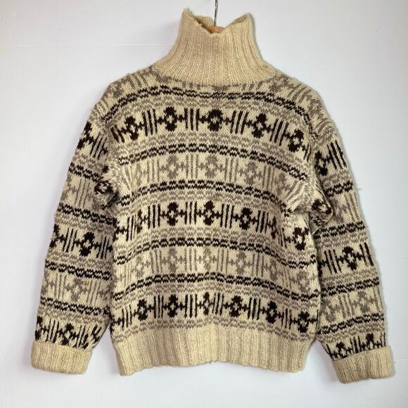 Vintage Chunky Hand Knit Wool Sweater Turtleneck Icelandic Neutral Brown - Picture 1 of 15